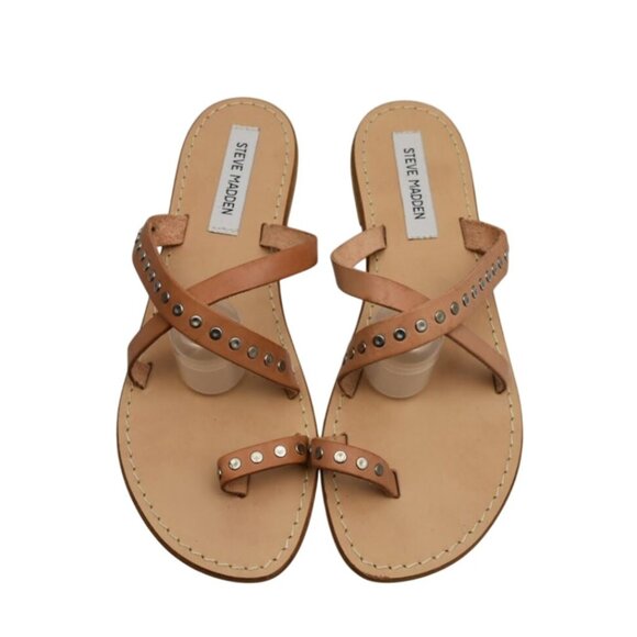 Steve Madden Becky Sandals Womens 10 Tan Leather Studded Made In Italy - Picture 2 of 4